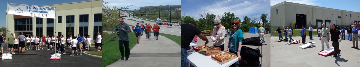 Four photos of Yaskawa company events including run/walk, company cook-out, and corn hole